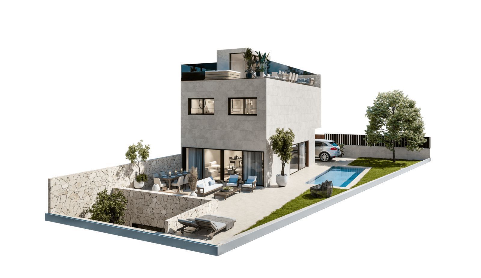 Modernes zweistöckiges Haus mit Balkon, Pool und Garten.