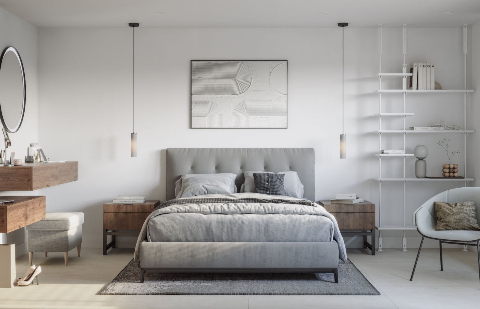 Modernes Schlafzimmer mit großem Bett, minimalistischem Dekor und gemütlicher Leseecke.