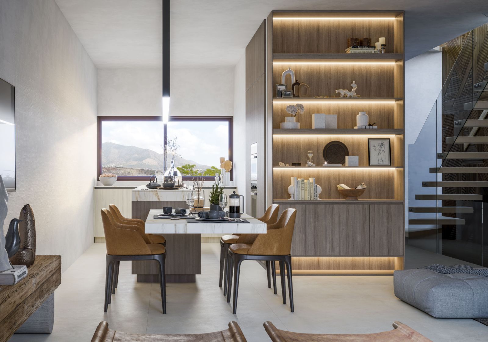 Modernes Esszimmer mit großem Fenster, minimalistischen Möbeln und offenen Regalen.